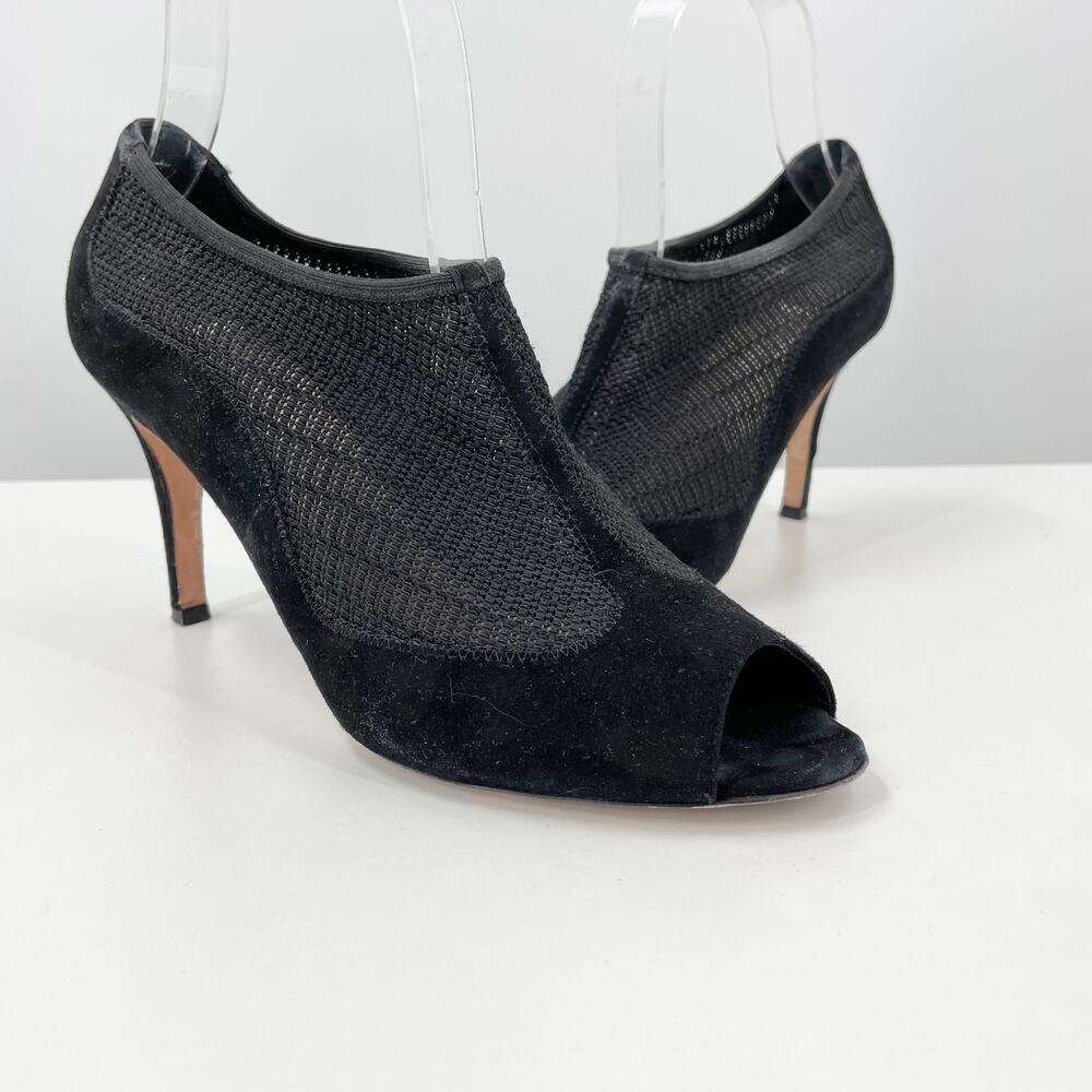 L.K. Bennett Lara Black Suede Mesh Peep Toe Booties Heels 38 7 Dark Romantic